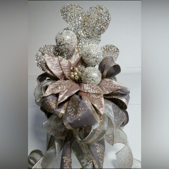 New Ribbon Christmas Tree Topper-Bow Tree Topper-Platinum And Champagne Topper - Picture 2 of 4